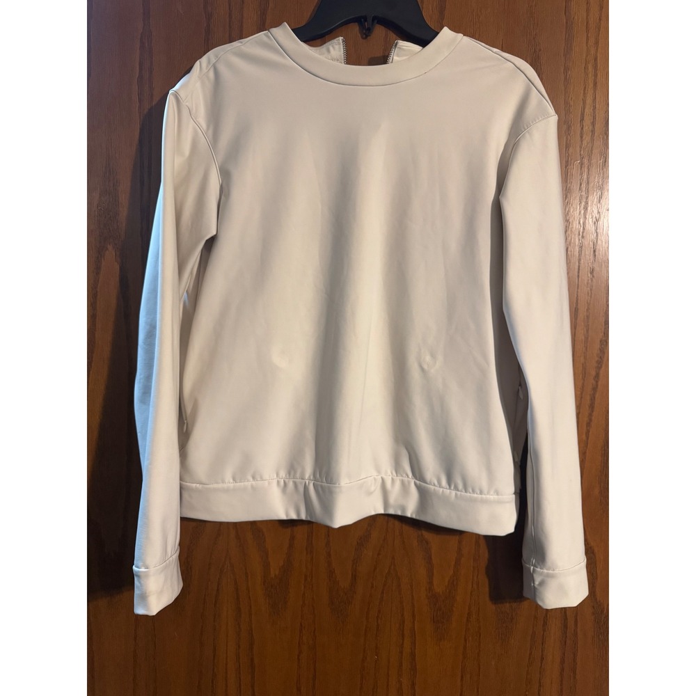 Lululemon Athletica Back Zip Pullover Top Cream Off White Gathered Hem Pockets L